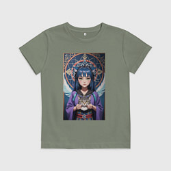 Футболка хлопковая детская Аниме девушка шаманка с котом, цвет: авокадо