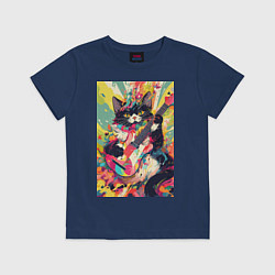 Футболка хлопковая детская Красочный кот-гитарист, цвет: тёмно-синий