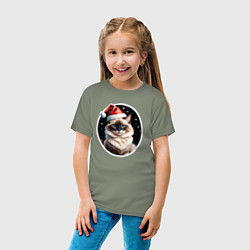 Футболка хлопковая детская Кот породы Рэгдолл в новогодней шапке, цвет: авокадо — фото 2