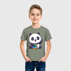 Футболка хлопковая детская Панда с мячиком, цвет: авокадо — фото 2