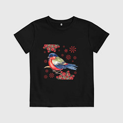 Футболка хлопковая детская Снегирь на ветке рябины с розами, цвет: черный