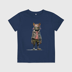 Футболка хлопковая детская Кот панк в шлеме, цвет: тёмно-синий