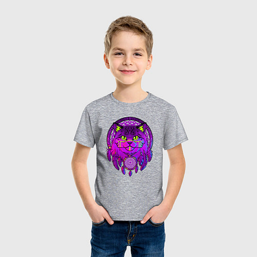 Детская футболка Фиолетовый кот-индеец с ловцом снов / Меланж – фото 3