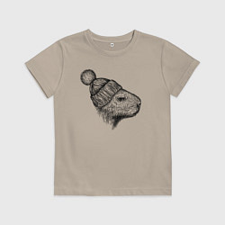 Футболка хлопковая детская Капибара в шапке, цвет: миндальный