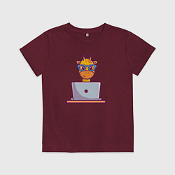 Футболка хлопковая детская Жираф с ноутбуком, цвет: меланж-бордовый