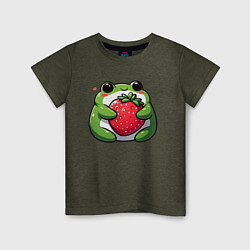 Футболка хлопковая детская Толстая лягушка обнимает клубнику, цвет: меланж-хаки