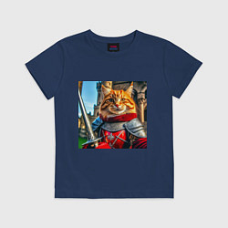 Футболка хлопковая детская Рыжий кот рыцарь с мечом, цвет: тёмно-синий