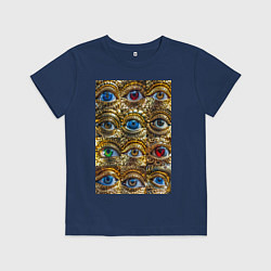 Футболка хлопковая детская Глаза разноцветные из золота в стиле стимпанк, цвет: тёмно-синий