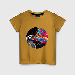 Футболка хлопковая детская Космонавт с разноцветными брызгами, цвет: горчичный