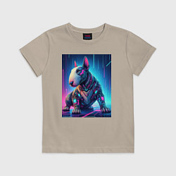 Футболка хлопковая детская Кибер щенок бультерьера - нейросеть, цвет: миндальный