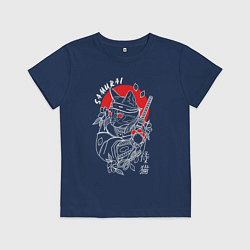 Футболка хлопковая детская Черный кот самурай, цвет: тёмно-синий