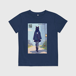 Футболка хлопковая детская Чёрная кошечка на своём районе - нейросеть, цвет: тёмно-синий