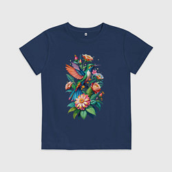 Футболка хлопковая детская Колибри среди цветов, цвет: тёмно-синий