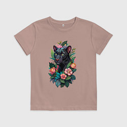 Футболка хлопковая детская Черная пантера среди цветов, цвет: пыльно-розовый