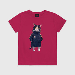 Футболка хлопковая детская Кот в длинной куртке, цвет: маджента