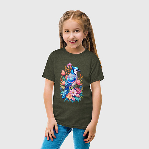 Детская футболка Голубая сойка среди цветов / Меланж-хаки – фото 4
