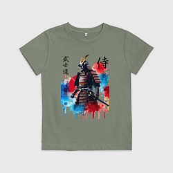 Футболка хлопковая детская Японский самурай - акварель, цвет: авокадо