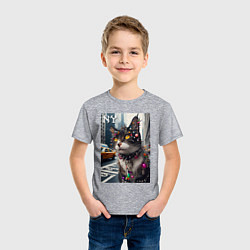 Футболка хлопковая детская Пирсинг Нью-Йоркского кота - нейросеть, цвет: меланж — фото 2