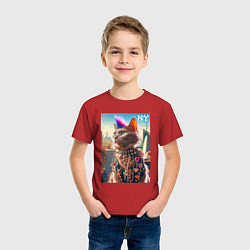 Футболка хлопковая детская Funny cat punk from New York - ai art, цвет: красный — фото 2
