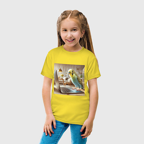 Детская футболка Волнистый попугай с ноутбуком / Желтый – фото 4