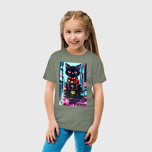 Детская футболка Котёнок в мегаполисе - киберпанк / Авокадо – фото 4