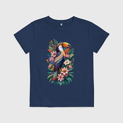 Футболка хлопковая детская Милый тукан среди цветов, цвет: тёмно-синий