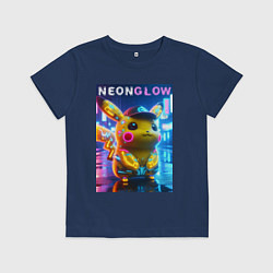 Футболка хлопковая детская Милый Пикачу в бейсболке - неоновое киберпанк свеч, цвет: тёмно-синий