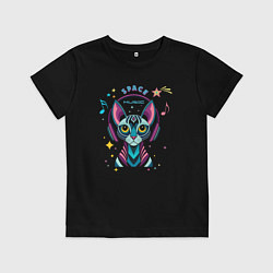 Футболка хлопковая детская Кот в наушниках - музыка, цвет: черный