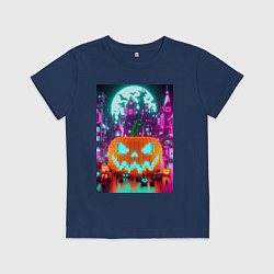 Футболка хлопковая детская Halloween and Minecraft - pumpkin, цвет: тёмно-синий