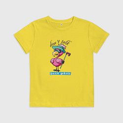 Футболка хлопковая детская Розовый фламинго играет в гольф, цвет: желтый