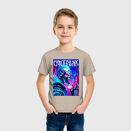 Детская футболка Neon punk skeleton - ai art fantasy / Миндальный – фото 3