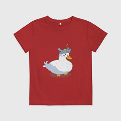 Футболка хлопковая детская Милая уточка гусь с цветочком на голове, цвет: красный