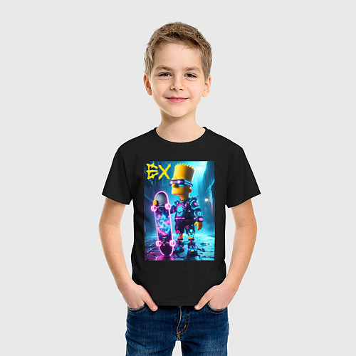 Детская футболка Скейтбордист Барт Симпсон в ночном городе под дожд / Черный – фото 3