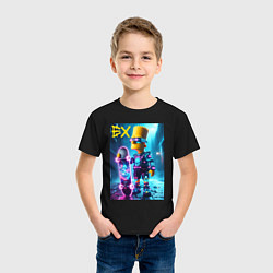 Футболка хлопковая детская Скейтбордист Барт Симпсон в ночном городе под дожд, цвет: черный — фото 2