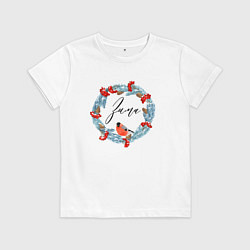 Футболка хлопковая детская Зима - рябина и снегирь, цвет: белый