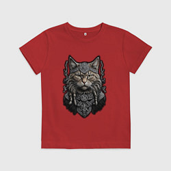 Футболка хлопковая детская Кот викинг, цвет: красный