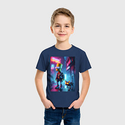 Футболка хлопковая детская Барт Симпсон гуляет с роботом котом в ночном город, цвет: тёмно-синий — фото 2