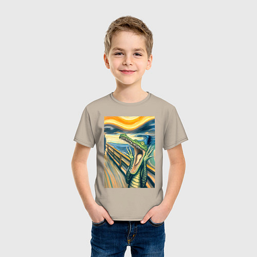 Детская футболка Крокодил кричит на картине Эдварда Мунка - мем иск / Миндальный – фото 3