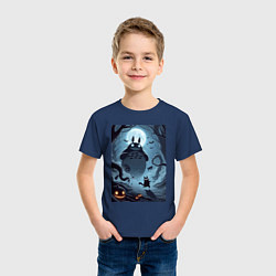 Футболка хлопковая детская Тоторо и бегущий чёрный кот - хэллоуин, цвет: тёмно-синий — фото 2