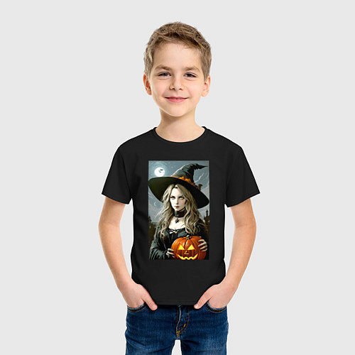 Детская футболка Ведьма держит тыкву - хэллоуин / Черный – фото 3