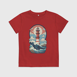 Футболка хлопковая детская Маяк в море и волны, цвет: красный
