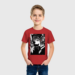 Футболка хлопковая детская Girl with black kitten anime - cyberpunk, цвет: красный — фото 2