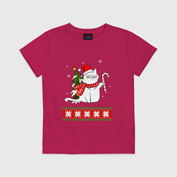 Футболка хлопковая детская New year cat with candy, цвет: маджента