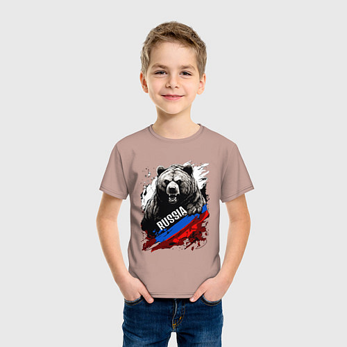 Детская футболка Русский медведь на фоне флага России / Пыльно-розовый – фото 3