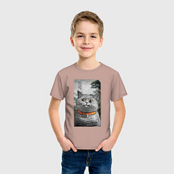 Футболка хлопковая детская Мемный кот в японском стиле, цвет: пыльно-розовый — фото 2