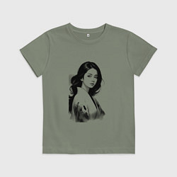 Футболка хлопковая детская Азиатская девушка в кимоно, цвет: авокадо