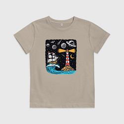 Футболка хлопковая детская Маяк и парусник, цвет: миндальный