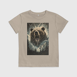 Футболка хлопковая детская Оскаленная морда медведя, цвет: миндальный