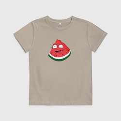 Футболка хлопковая детская Арбуз озадаченно улыбается - мем, цвет: миндальный