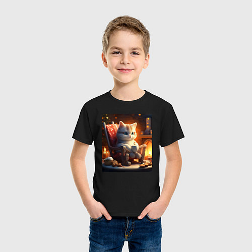 Детская футболка Уютный кот у камина с чашкой какао / Черный – фото 3